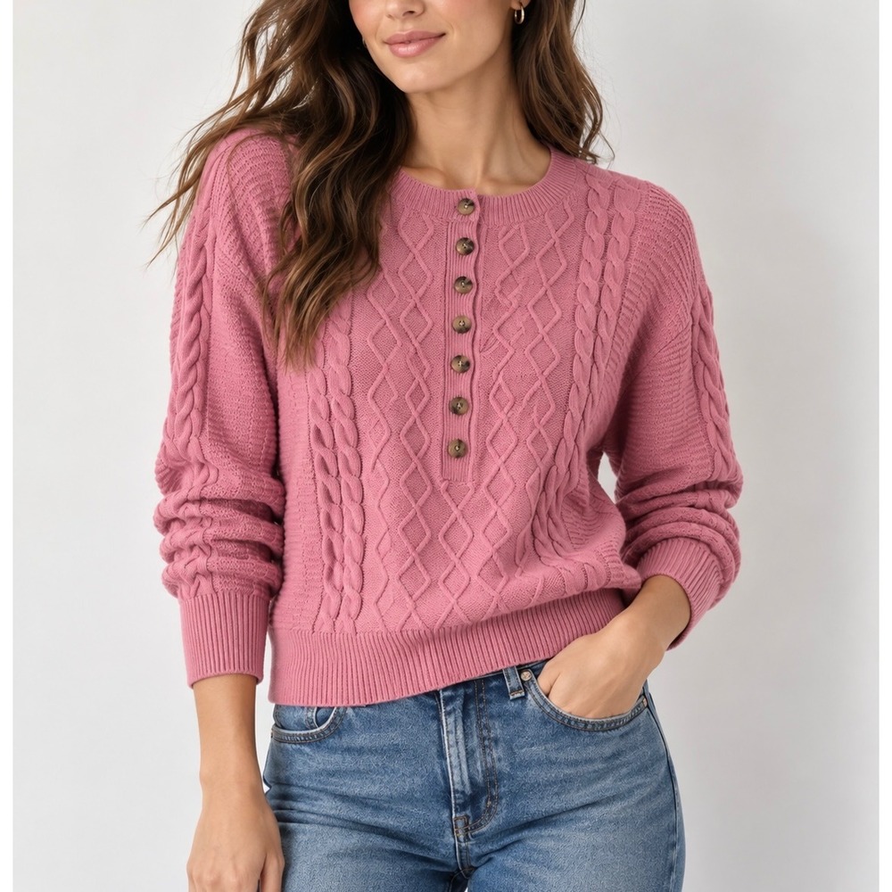 ANN TAYLOR Weekend Cable Knit Henley Sweater in Dusty Rose